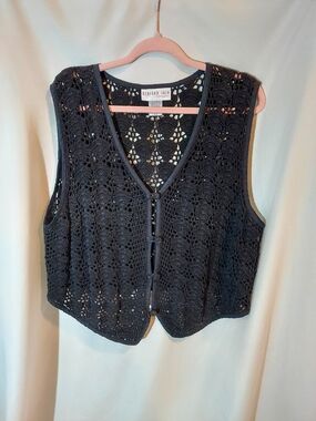Vintage Bedford Fair Black Crochet Vest With Covered Buttons